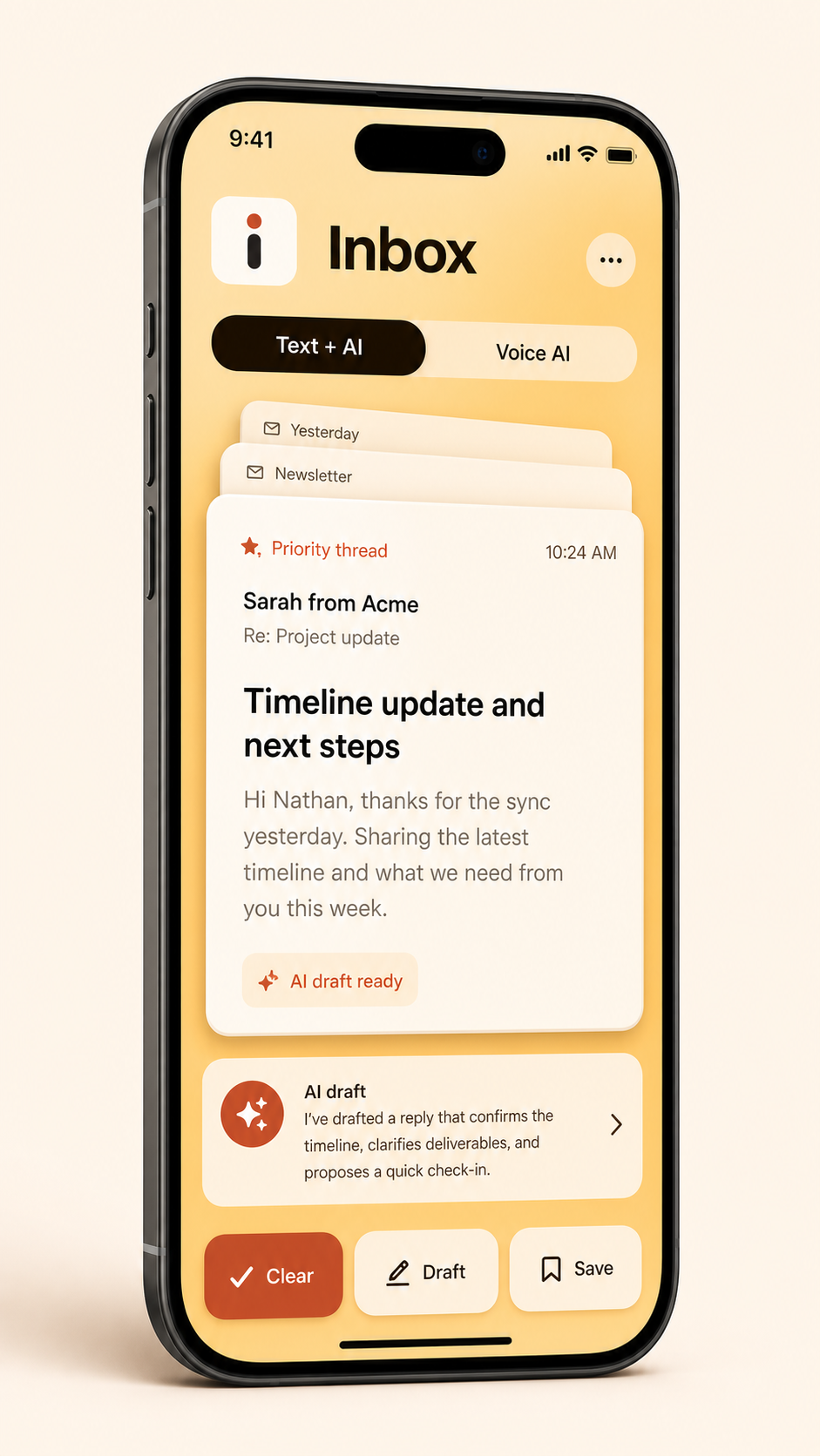 Inbox running on an iPhone with a bright AI email deck.